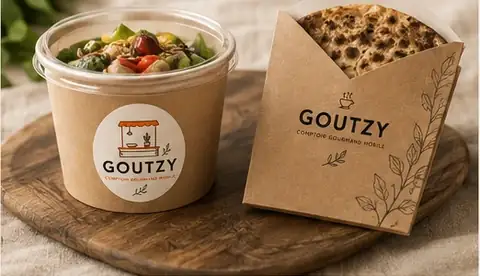 Bol kraft de salade fraîche et galette dans sa pochette Goutzy sur une planche en bois