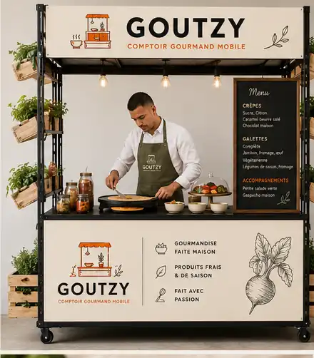 Un crêpier Goutzy prépare une crêpe sur le stand mobile, entouré de bocaux de produits frais et du menu