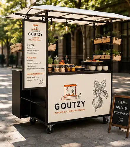 Le stand mobile Goutzy installé en extérieur : comptoir noir et crème, plantes aromatiques et carte des crêpes et galettes